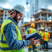 Een werkvoorbereider op een bouwplaats kijkt naar een tablet, omgeven door een bouwtekening, deels gebouw en collega's.