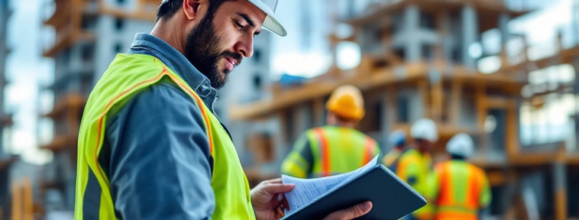 Een werkvoorbereider op een bouwplaats kijkt naar een tablet, omgeven door een bouwtekening, deels gebouw en collega's.