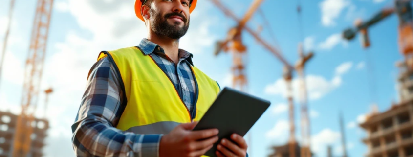 Een werkvoorbereider met tablet op een bouwplaats, omringd door kranen, half-afgebouwde duurzame gebouwen en moderne technologieën.