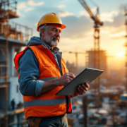 Een werkvoorbereider op een bouwplaats bij zonsopgang met helm en clipboard, omgeven door kranen en technologie, symboliseert samenwerking.