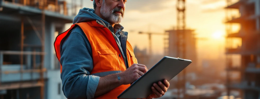 Een werkvoorbereider op een bouwplaats bij zonsopgang met helm en clipboard, omgeven door kranen en technologie, symboliseert samenwerking.