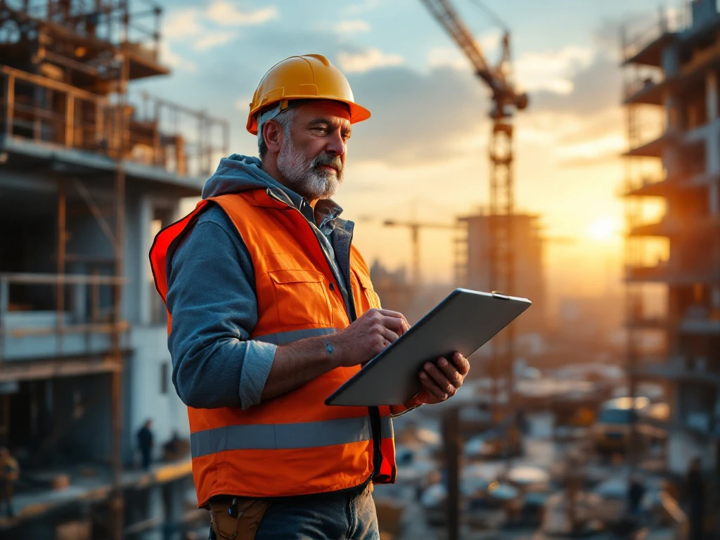 Een werkvoorbereider op een bouwplaats bij zonsopgang met helm en clipboard, omgeven door kranen en technologie, symboliseert samenwerking.