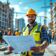 Een moderne bouwplaats met een zelfverzekerde werker in veiligheidsvest en helm met bouwtekening, omringd door een divers team.