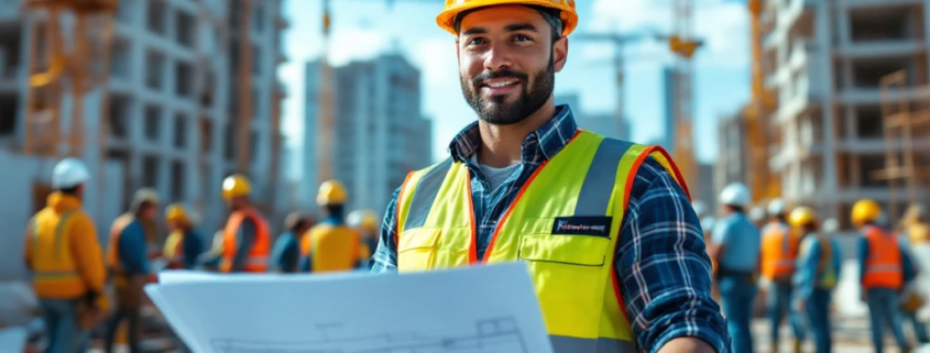 Een moderne bouwplaats met een zelfverzekerde werker in veiligheidsvest en helm met bouwtekening, omringd door een divers team.