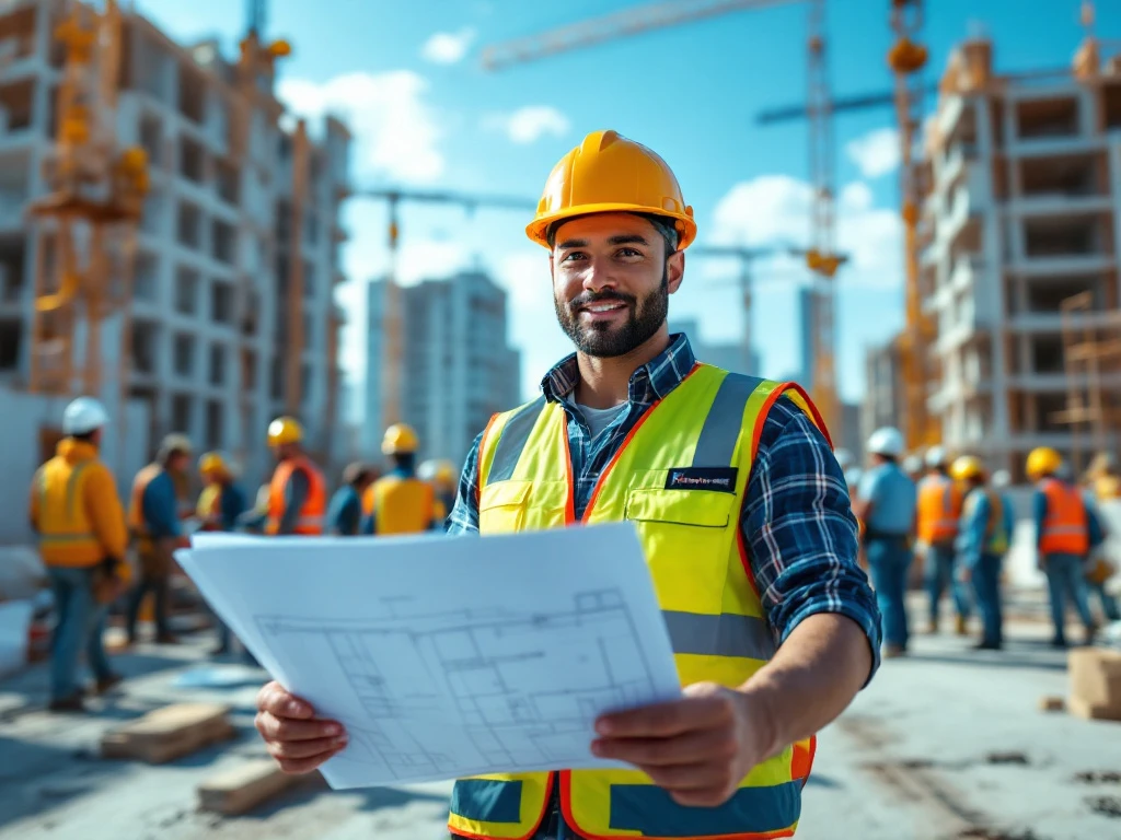 Een moderne bouwplaats met een zelfverzekerde werker in veiligheidsvest en helm met bouwtekening, omringd door een divers team.