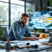 Een werkvoorbereider aan een bureau met blauwdrukken en laptop in een moderne kantooromgeving, omringd door technische tools en 3D-modellen.