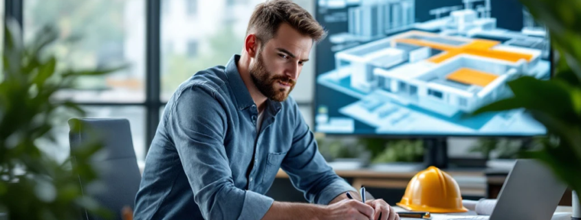 Een werkvoorbereider aan een bureau met blauwdrukken en laptop in een moderne kantooromgeving, omringd door technische tools en 3D-modellen.