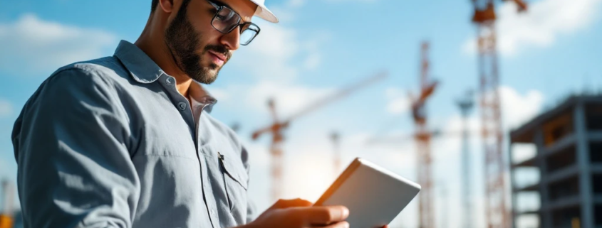 Een werkvoorbereider bestudeert een digitale blauwdruk op een tablet op een moderne bouwplaats, omringd door kranen en zonlicht.