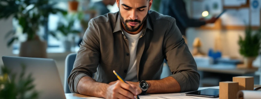 Een efficiënte werkruimte met een voorbereider die blauwdrukken en plannen bekijkt, omringd door digitale en traditionele ontwerptools.