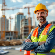 Werkvoorbereider in bouwplaats, draagt veiligheidskleding en helm. Achtergrond met kranen en gebouwen, symboliseert groei en innovatie.