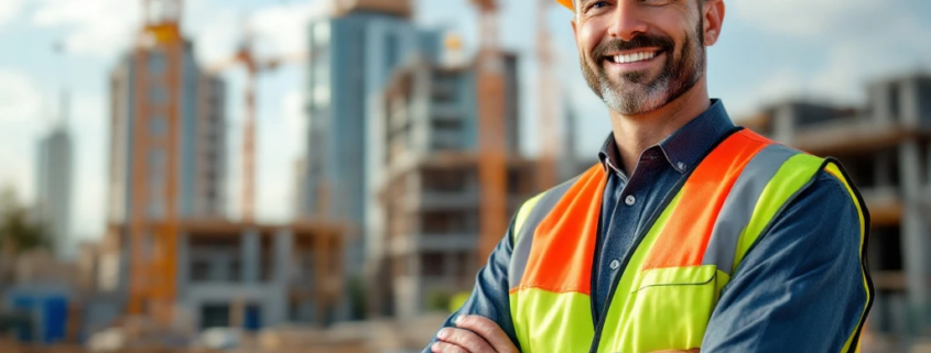 Werkvoorbereider in bouwplaats, draagt veiligheidskleding en helm. Achtergrond met kranen en gebouwen, symboliseert groei en innovatie.