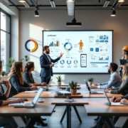 Een moderne klas met diverse volwassenen, laptops en een instructeur voor een whiteboard; focus op loopbaanontwikkeling en samenwerking.