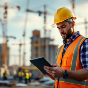 Een bouw werkvoorbereider met helm en vest bekijkt plannen op een tablet. Op de achtergrond een bouwplaats met kranen en arbeiders.