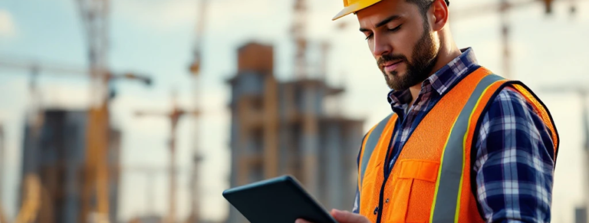 Een bouw werkvoorbereider met helm en vest bekijkt plannen op een tablet. Op de achtergrond een bouwplaats met kranen en arbeiders.