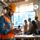 Een diverse groep professionals in een moderne trainingsruimte, gefocust op samenwerking en innovatie met digitale bouwschema's.