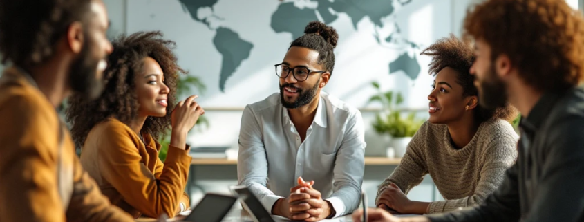 Een moderne kantooromgeving met diverse professionals in overleg, symboliseert inclusiviteit, technologie en globalisering.