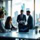 Een diverse groep professionals overlegt rond een moderne tafel in een zonnig kantoor met stadzicht, symboliserend samenwerking.