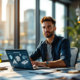 Technicus aan bureau in moderne kantooromgeving met laptop en technische blauwdrukken, symboliseert innovatie en professionele groei.