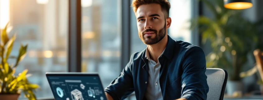 Technicus aan bureau in moderne kantooromgeving met laptop en technische blauwdrukken, symboliseert innovatie en professionele groei.