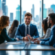 Een zelfverzekerde netwerker in gesprek met collega's aan een vergadertafel in een modern kantoor met uitzicht op een bruisende stad.