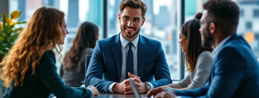 Een zelfverzekerde netwerker in gesprek met collega's aan een vergadertafel in een modern kantoor met uitzicht op een bruisende stad.