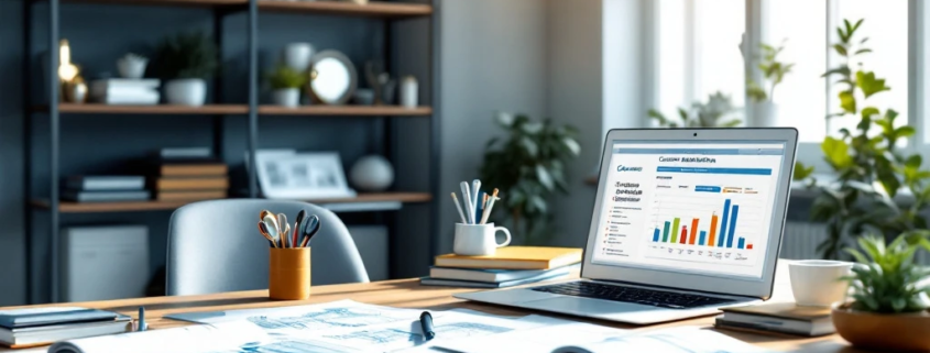 Professionele werkruimte met bureau vol educatief materiaal, laptop, boeken en prijzen; verlicht door zacht natuurlijk licht.