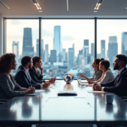 Zakelijke bestuurskamer met diverse professionals aan tafel, skyline op achtergrond. Kleuren blauw en grijs. Thema's: samenwerking, toezicht.