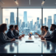 Zakelijke bestuurskamer met diverse professionals aan tafel, skyline op achtergrond. Kleuren blauw en grijs. Thema's: samenwerking, toezicht.