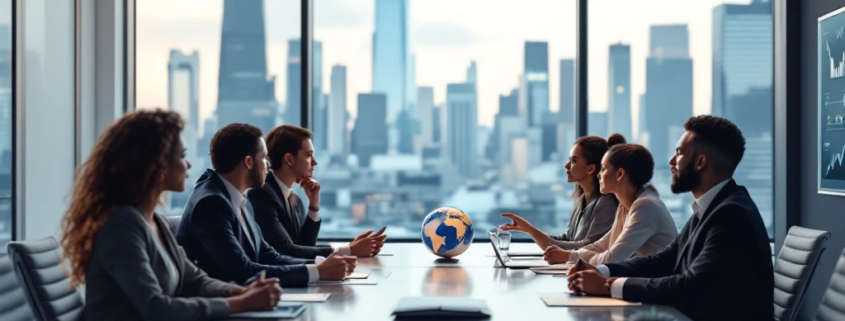 Zakelijke bestuurskamer met diverse professionals aan tafel, skyline op achtergrond. Kleuren blauw en grijs. Thema's: samenwerking, toezicht.