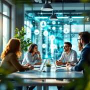 Een diverse groep professionals rond een moderne vergadertafel, in overleg, met diagrammen op een glazen muur. Warm, licht kantoor.