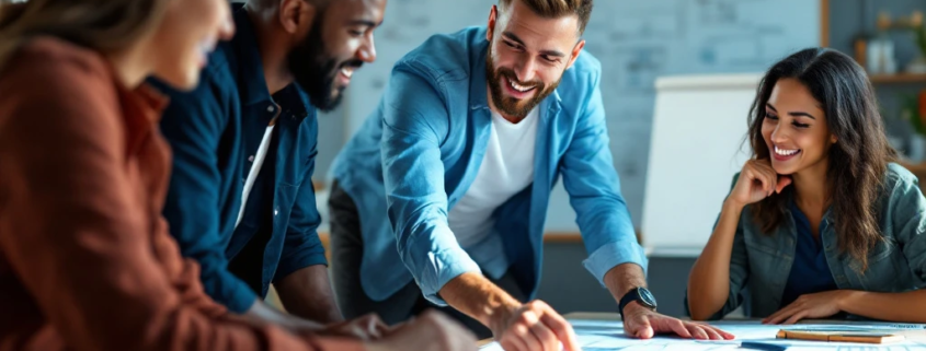 Professionals uit diverse sectoren bespreken blauwdrukken in een moderne onderwijsomgeving, met laptops en een volgeschreven whiteboard.
