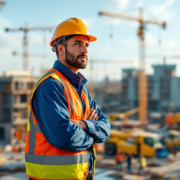 Een supervisor in veiligheidsvest en helm overziet een drukke bouwplaats in Nederland, met kranen en bouw in de achtergrond.