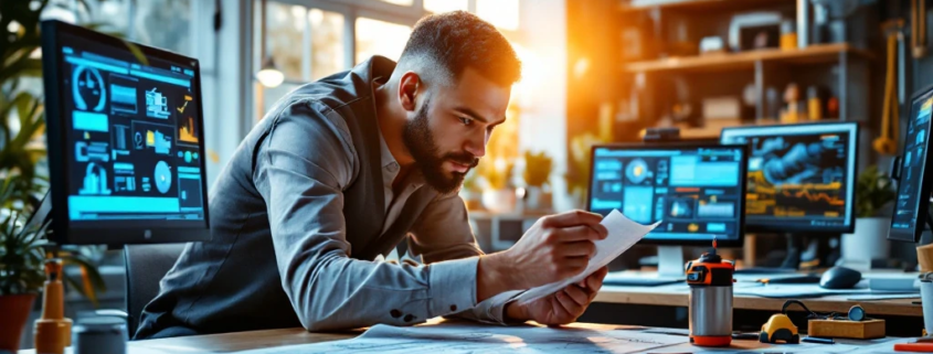 Een professionele werkvoorbereider onderzoekt een blauwdruk in een moderne, georganiseerde werkruimte met technische tools en digitale schermen.