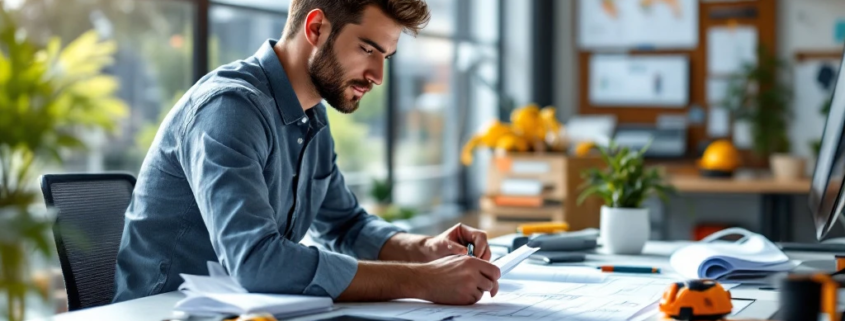 Een werkvoorbereider bestudeert blauwdrukken en digitale schema's in een moderne, lichte kantooromgeving met high-tech tools.