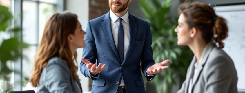 Een supervisor in een modern kantoor bemiddelt tussen twee collega's. De sfeer is kalm, met natuurlijke lichtinval en professionele kleuren.