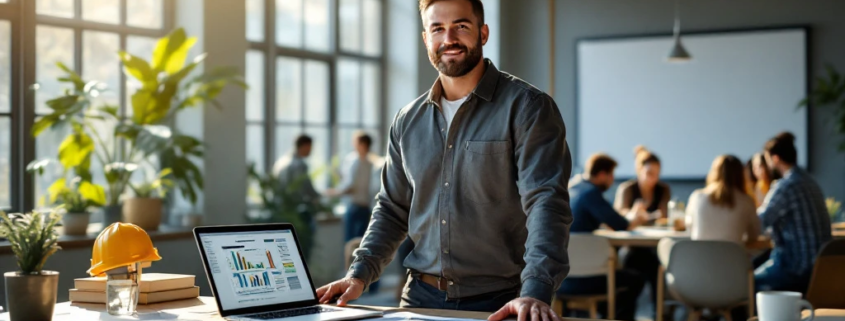 Een werkvoorbereider aan een opgeruimd bureau met blauwdrukken en laptop, omringd door een team in een professionele, zonnige sfeer.