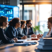 Een divers team in business casual overlegt rond een tafel, met grafieken op een scherm en trainingsmateriaal op de voorgrond.