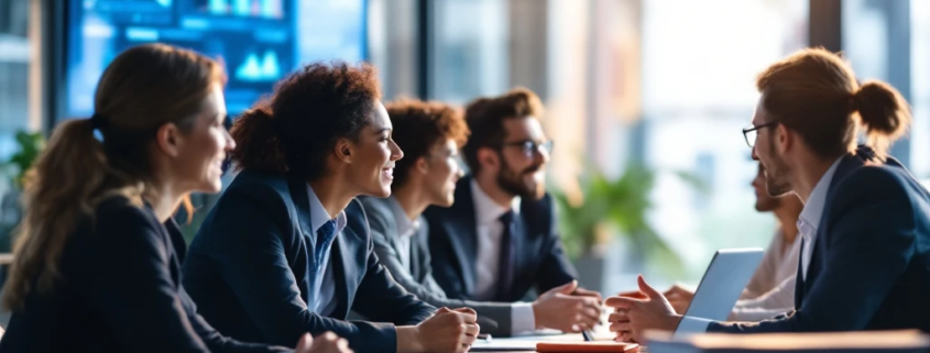 Een divers team in business casual overlegt rond een tafel, met grafieken op een scherm en trainingsmateriaal op de voorgrond.