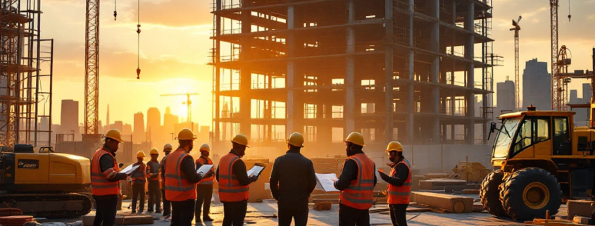 Een drukke bouwplaats bij zonsopgang met professionals die plannen bespreken, omgeven door machines en een moderne stad op de achtergrond.