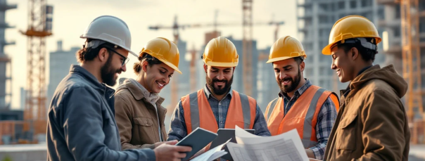 Een drukke bouwplaats in Nederland met diverse professionals die samenwerken aan eco-vriendelijke projecten, benadrukt duurzaamheid.