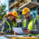 Een diverse bouwploeg werkt samen op een moderne, duurzame bouwplaats in Nederland; een werkvoorbereider bekijkt blauwdrukken op een tablet.