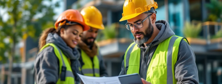 Een diverse bouwploeg werkt samen op een moderne, duurzame bouwplaats in Nederland; een werkvoorbereider bekijkt blauwdrukken op een tablet.