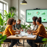 Een diverse groep werkt samen aan een houten tafel met groene certificeringsdocumenten in een moderne, eco-vriendelijke werkruimte.