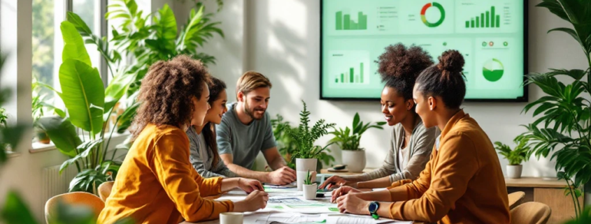 Een diverse groep werkt samen aan een houten tafel met groene certificeringsdocumenten in een moderne, eco-vriendelijke werkruimte.